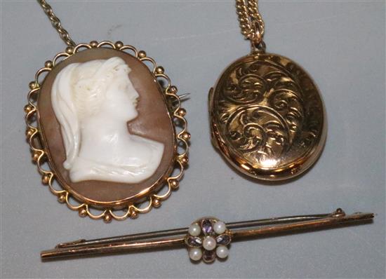 Gold bar brooch, locket & chain & cameo
